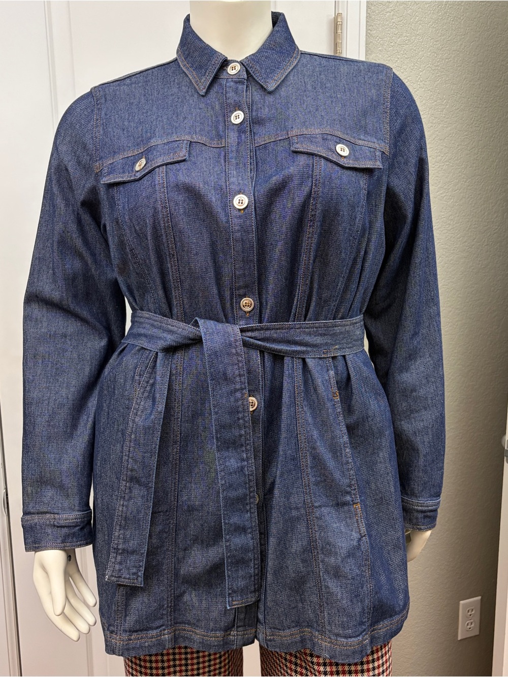 Marina Rinaldi Belted Denim Jacket Size 29 Italian Designer Lightweight Coat
